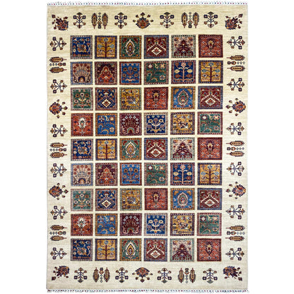 Hand-knotted wool rug with a Khorjin tile pattern, cream-colored background, and decorative border