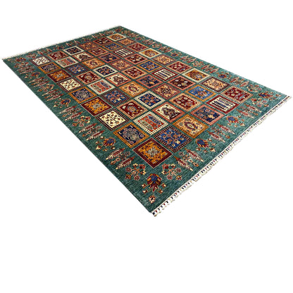 Ziegler rug with an oriental tile pattern, petrol-blue background, fringed edges