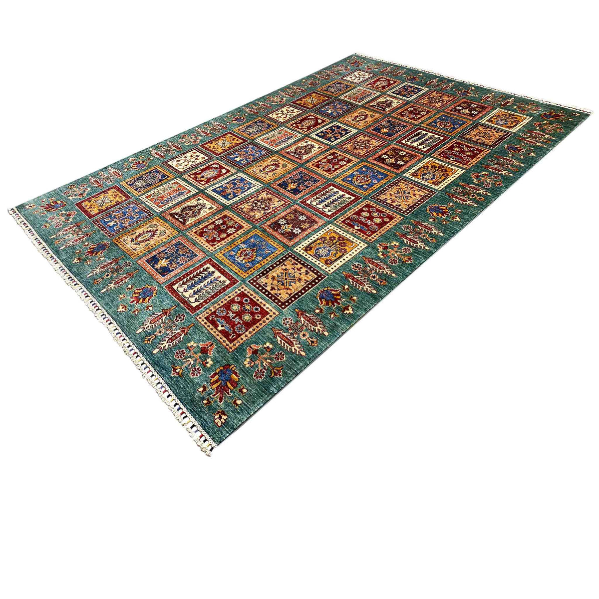 Ziegler rug with diamond and tile ornaments, petrol blue, white border, fringes