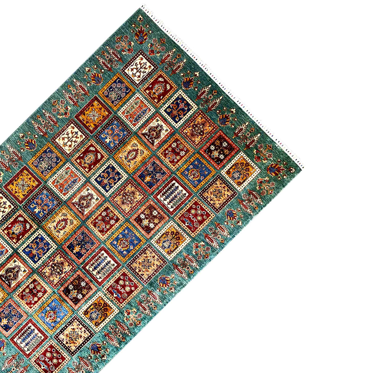 Ziegler carpet diagonal: tile ornaments, petrol blue, decorative border and fringes