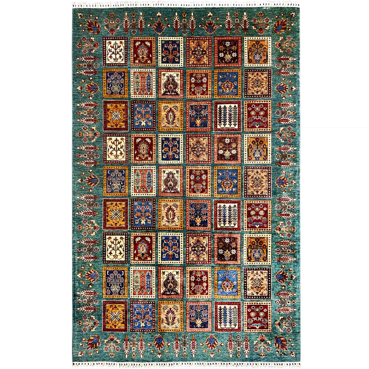 Ziegler rug: multicolored tile pattern on a petrol-blue background, with fringes