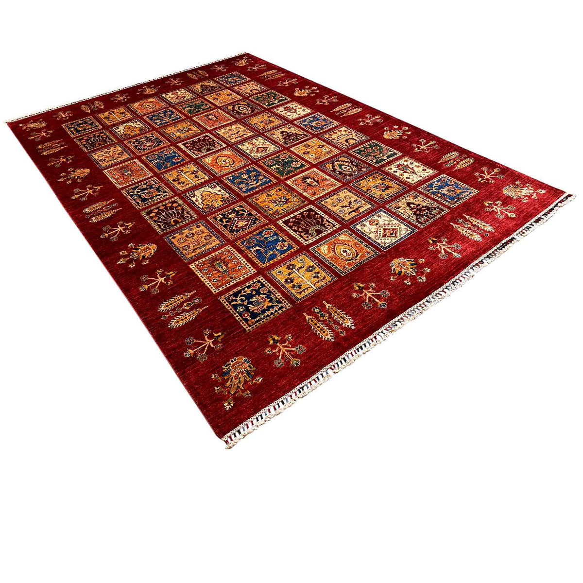 Ziegler rug 306x216 cm, red corner motif with multicolored squares and fringes