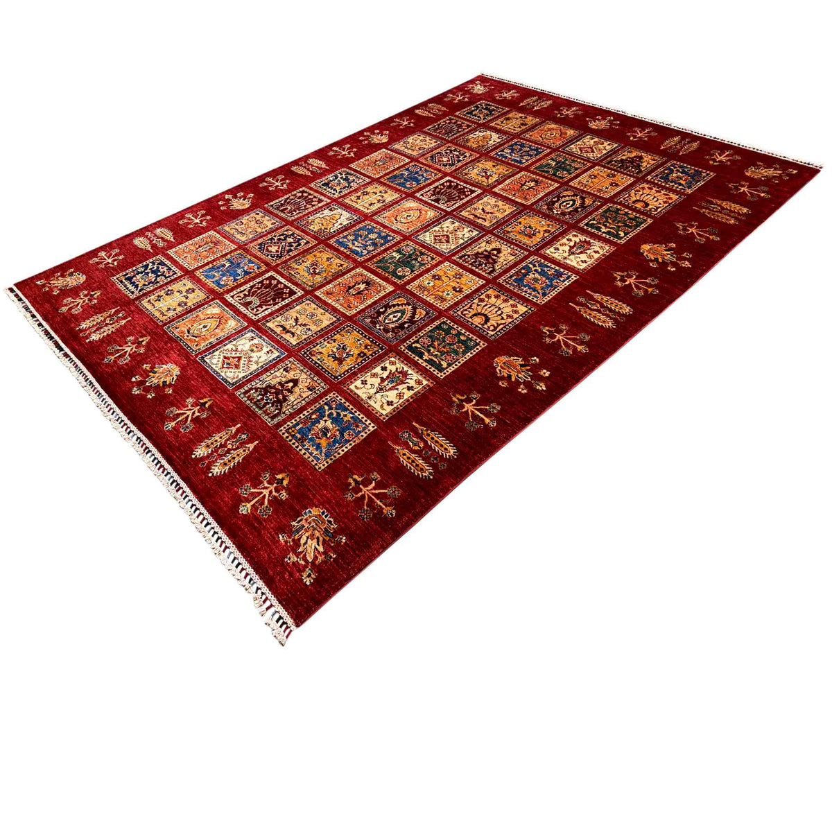 Ziegler rug 306x216 cm, red rug with a square pattern and fringes
