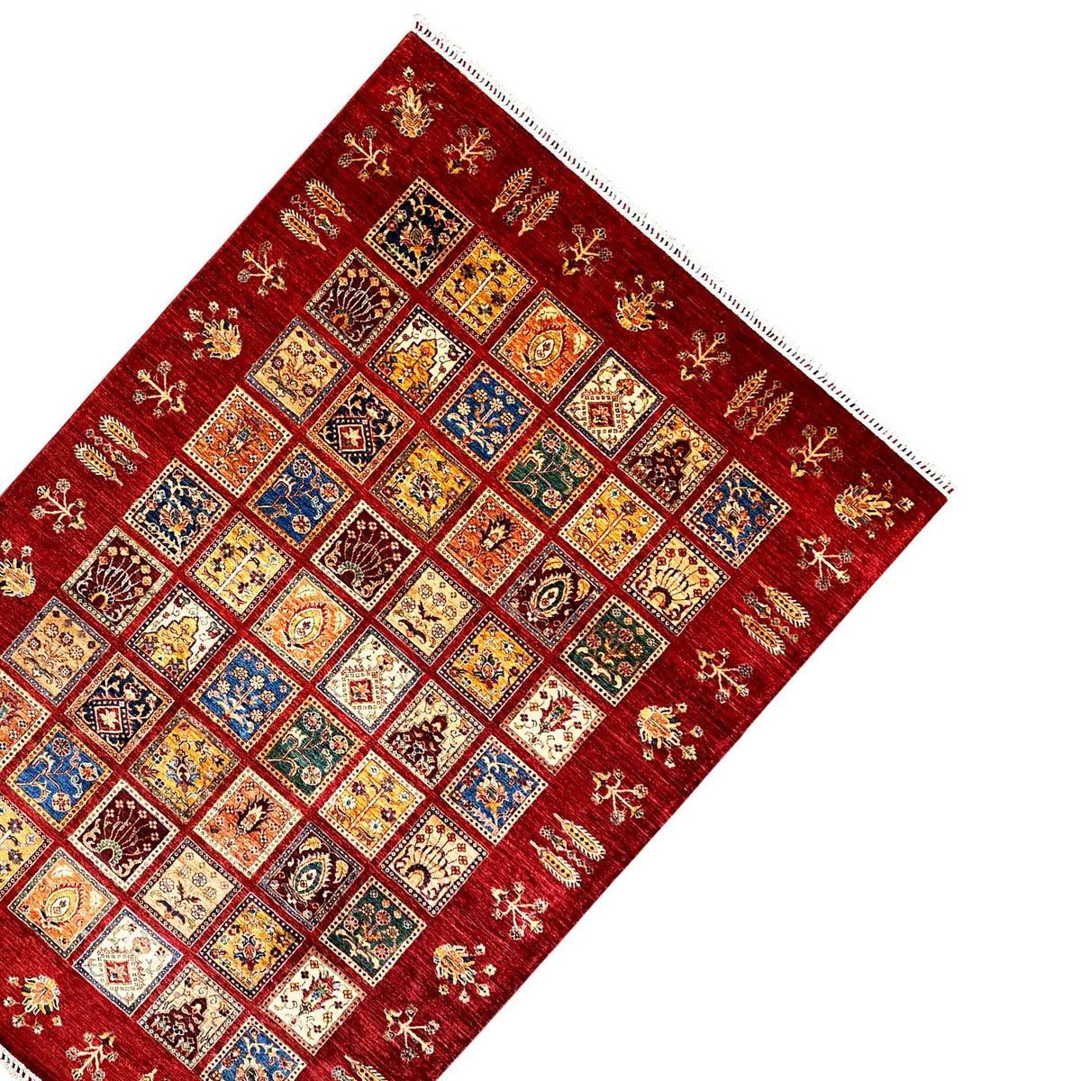 Ziegler rug 306x216 cm, red checked pattern with decorative fringes along the edges