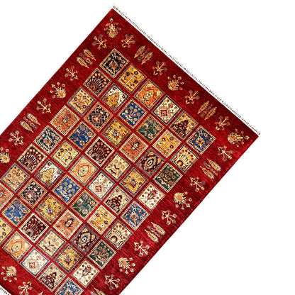 Ziegler rug 306x216 cm, red checked pattern with decorative fringes along the edges