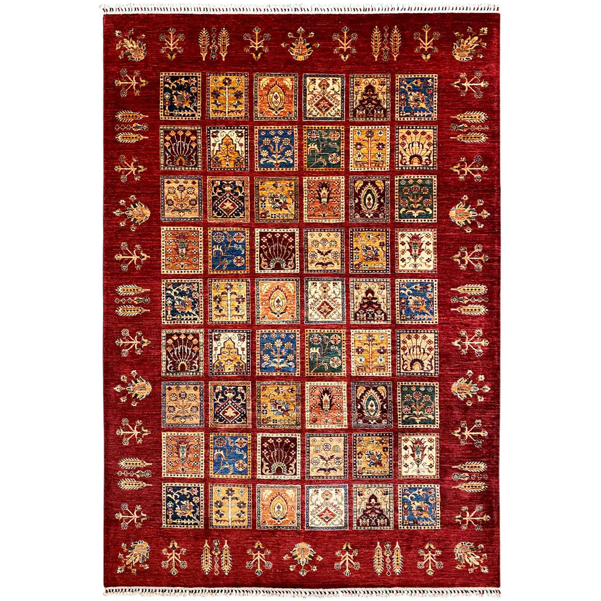 Ziegler rug 306x216 cm, red patchwork design with colorful ornamental squares and fringes