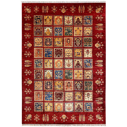 Ziegler rug 306x216 cm, red patchwork design with colorful ornamental squares and fringes