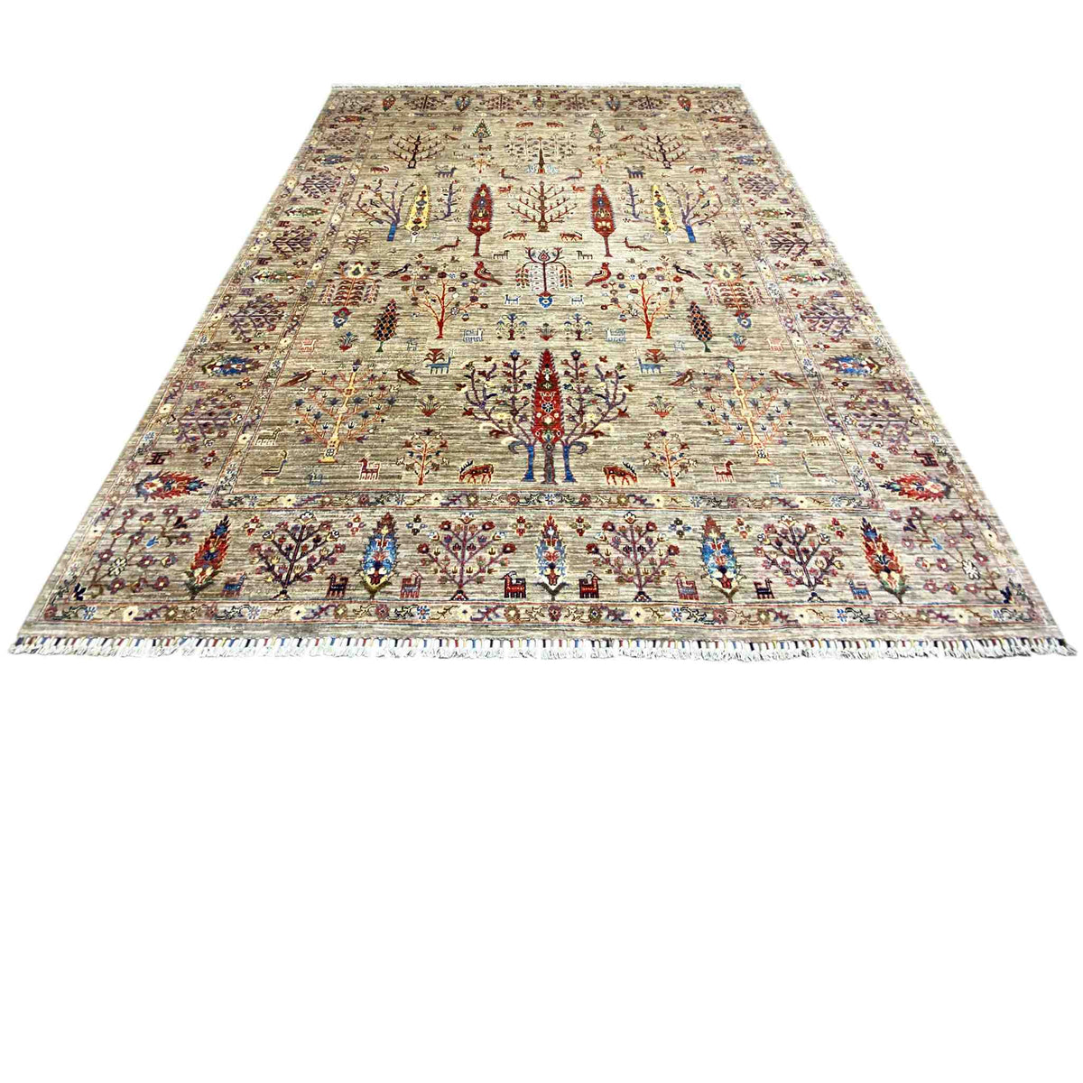 Rectangular Ziegler rug in beige with colorful tree and figure motifs