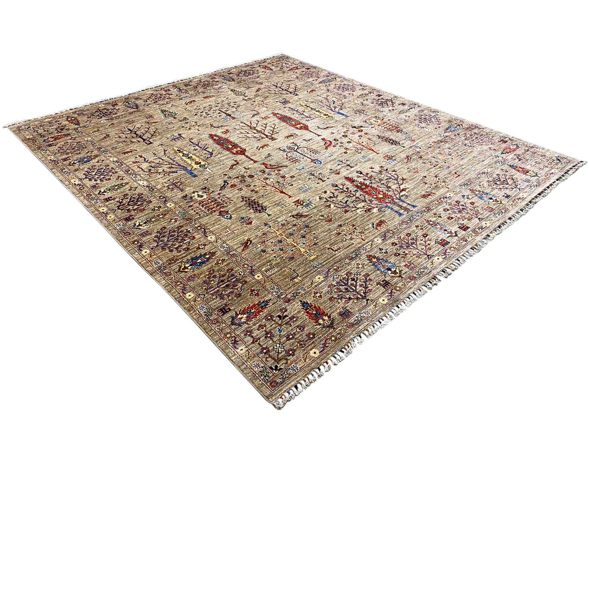 Rectangular Ziegler rug with a colorful ornamental design in beige, blue, and red