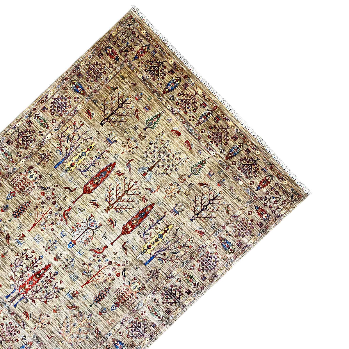 Ziegler carpet at an angle from above, beige with numerous figurative and floral ornaments