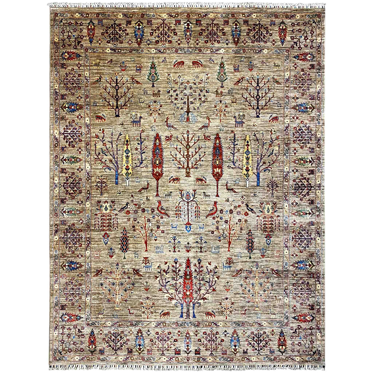 Ziegler rug in muted beige with colorful ornaments, edged in a rectangle