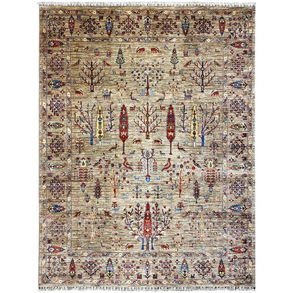 Ziegler rug in muted beige with colorful ornaments, edged in a rectangle