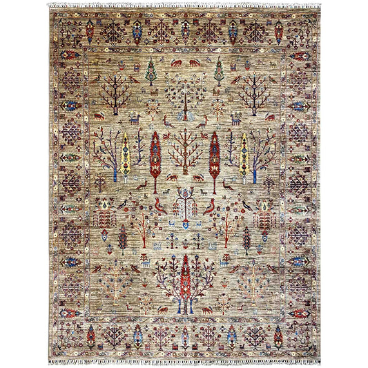 Ziegler rug in muted beige with colorful ornaments, edged in a rectangle