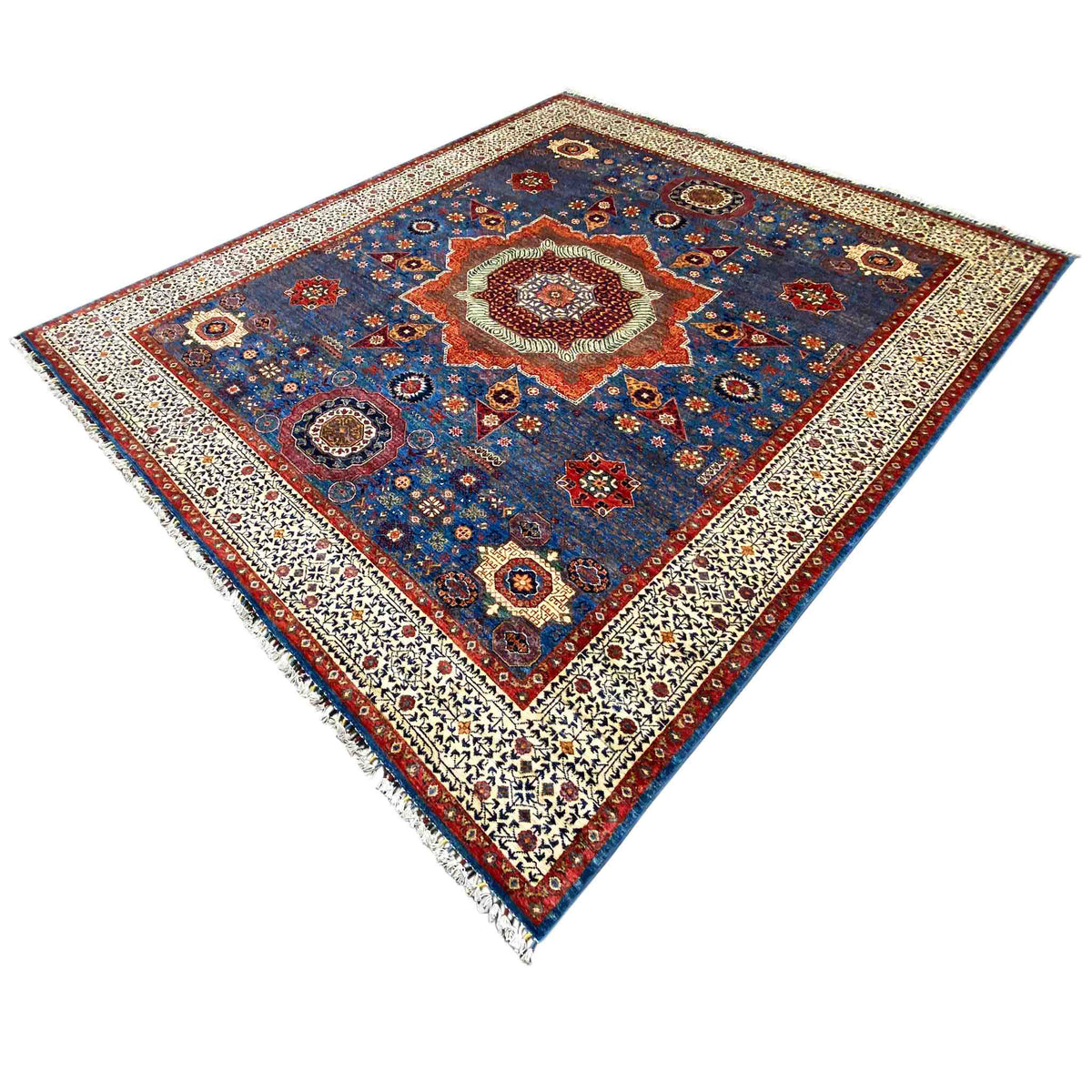 Ziegler rug with triangular view: blue Oriental pattern, beige border, fringe