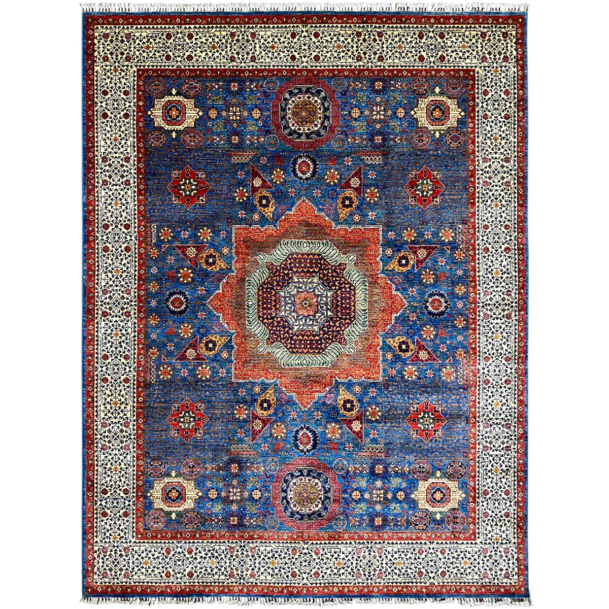 Ziegler rug: blue medallion oriental pattern with beige border
