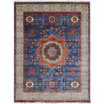 Ziegler rug: blue medallion oriental pattern with beige border