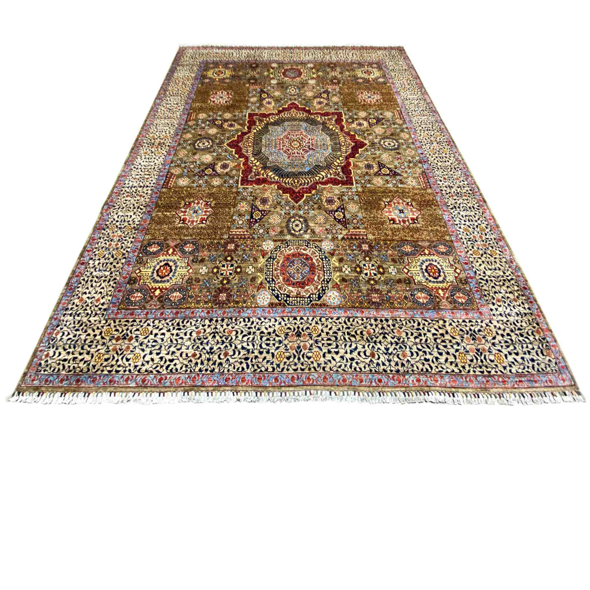 Brown-beige and blue rectangular checkered rug with a central medallion