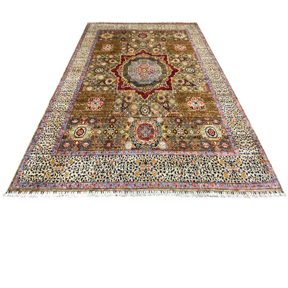 Brown-beige and blue rectangular checkered rug with a central medallion