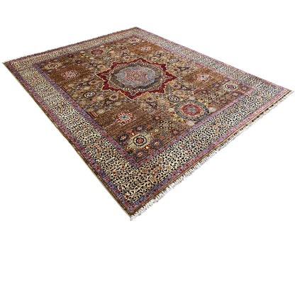 Rectangular rug with medallion and ornaments, brown-beige, red and blue