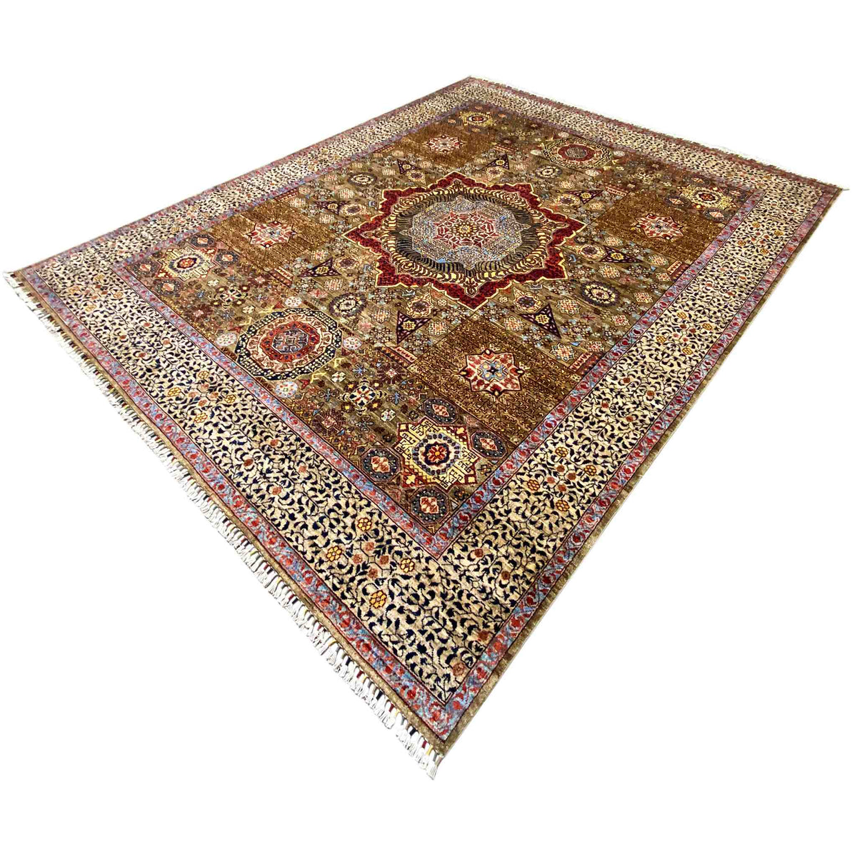Rug with central medallion and border, brown-beige, blue, red