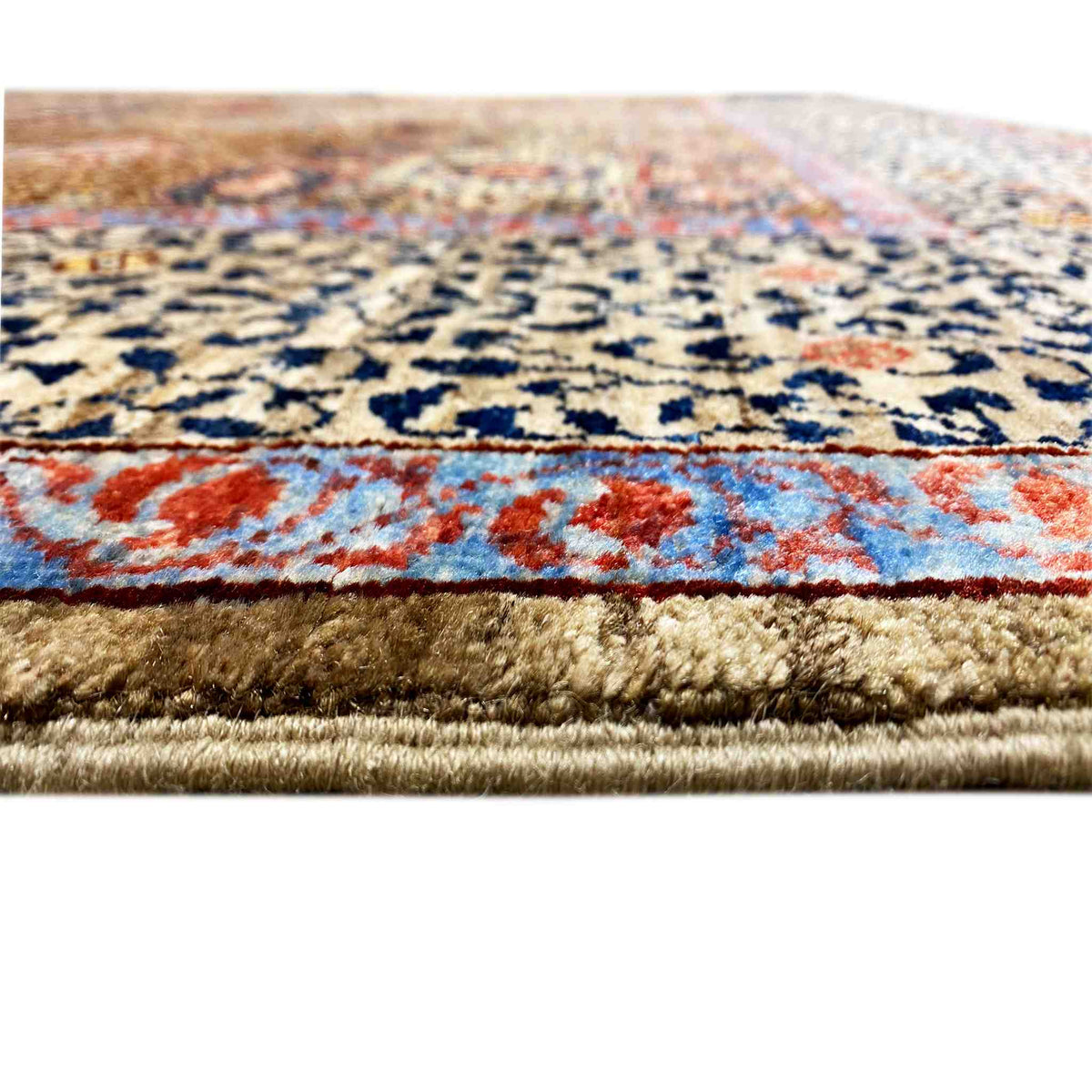 Carpet detail with pile and border, brown-beige, blue, and red color accents