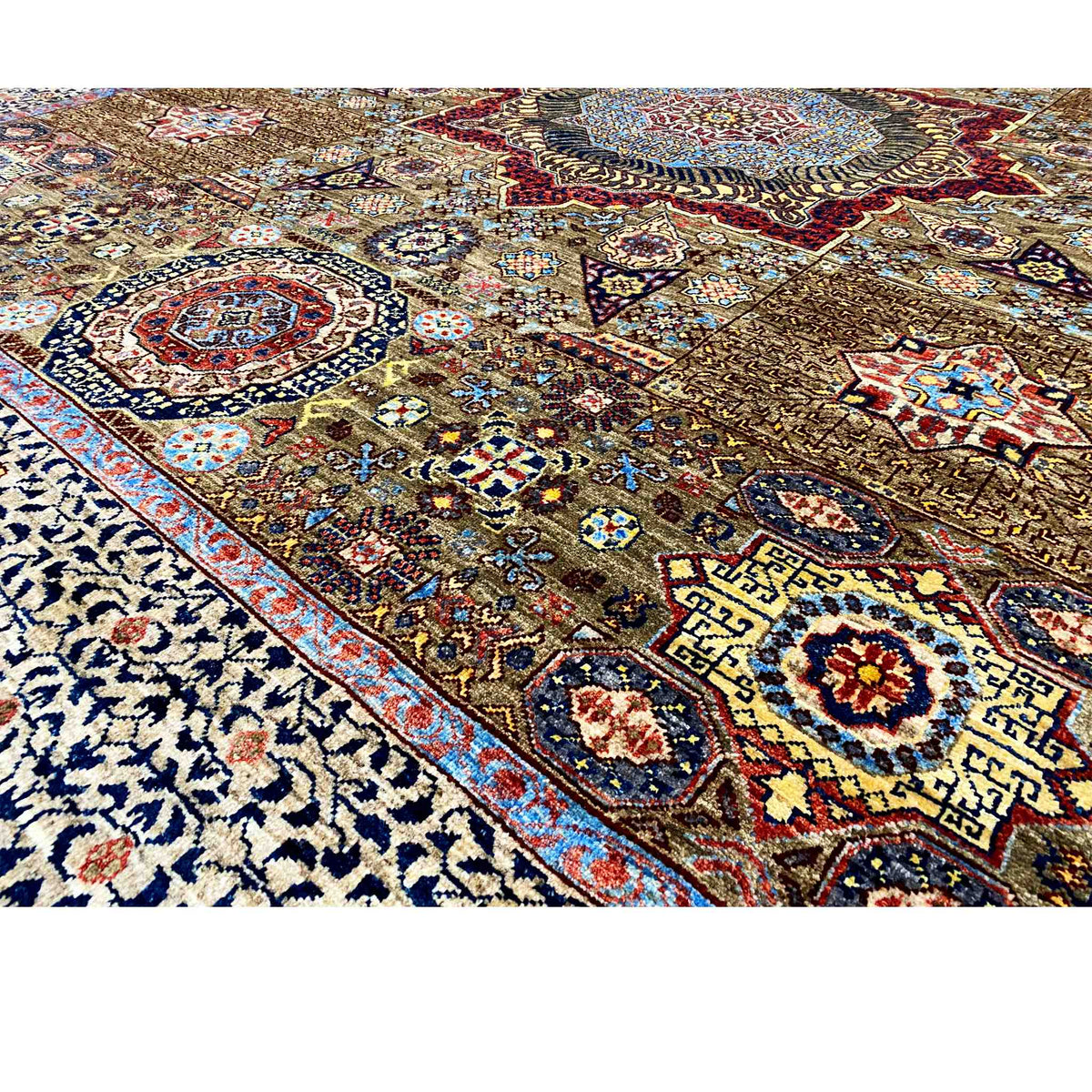 Carpet detail with ornaments and border, brown-beige, blue, red, fine patterns