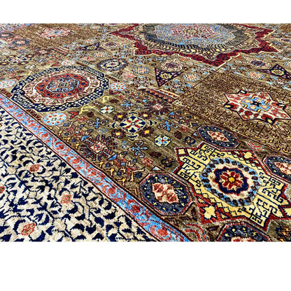Carpet detail with ornaments and border, brown-beige, blue, red, fine patterns