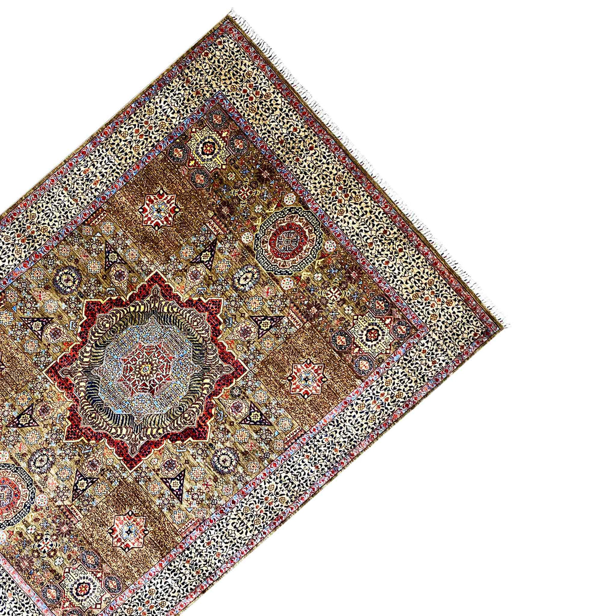 Rug viewed from the side at a three-quarter angle, ornate, brown-beige, blue, red