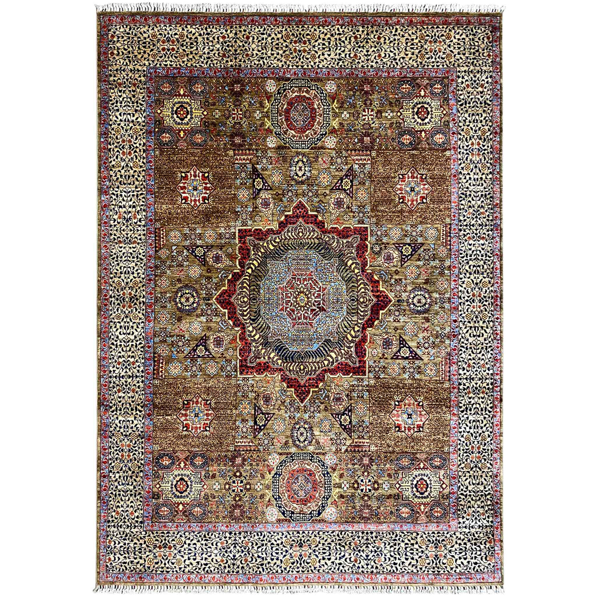 Rug with medallion patterns, brown-beige, blue and red, rectangular, 299×245 cm