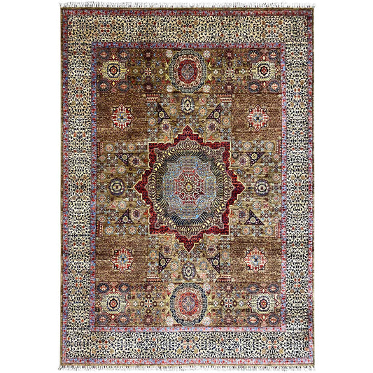 Rug with medallion patterns, brown-beige, blue and red, rectangular, 299×245 cm