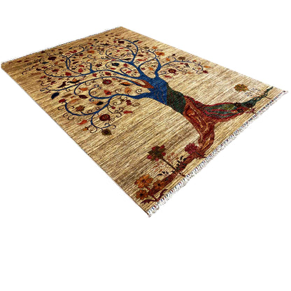Rug with tree motif, beige base color, colorful details, rectangular