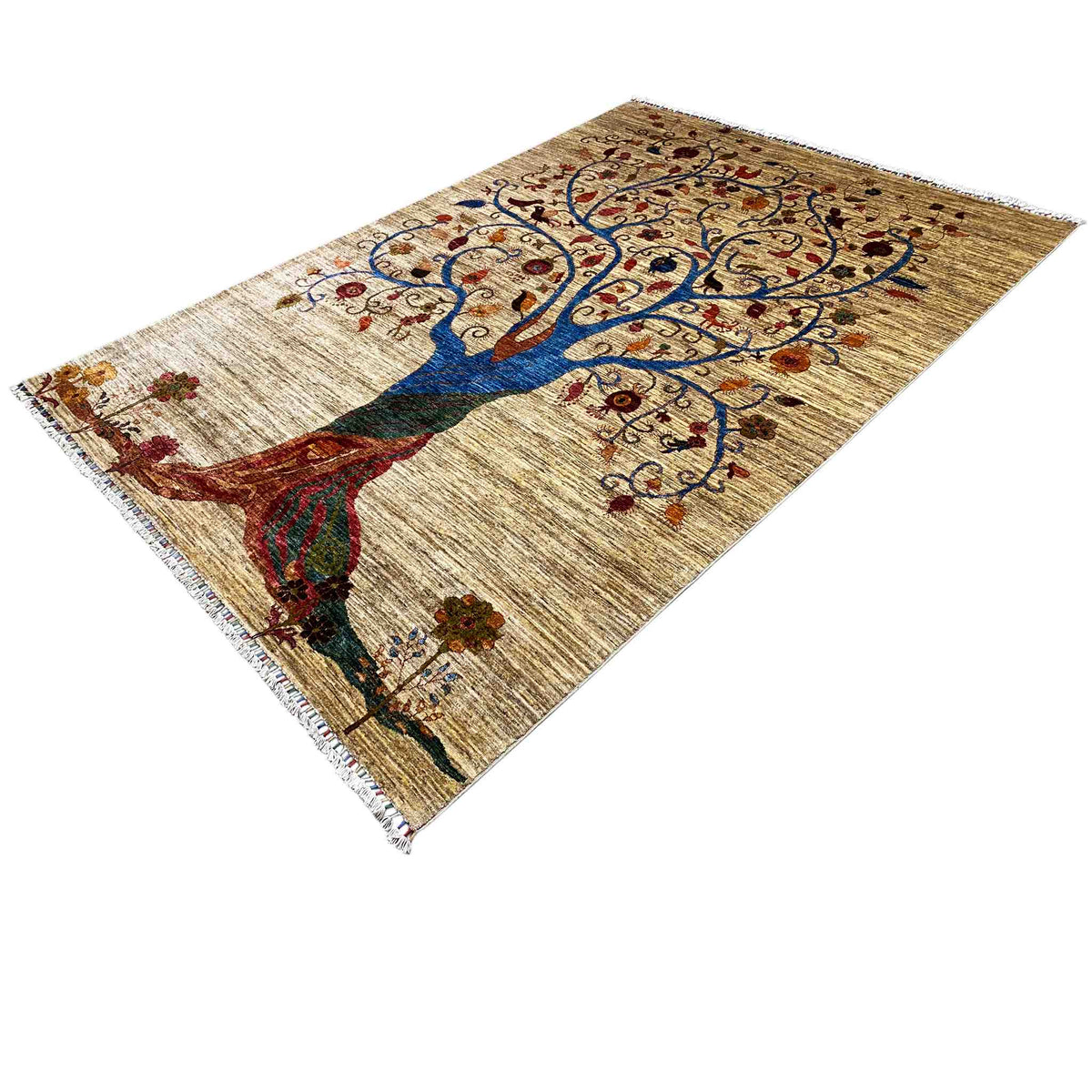 Rug with a tree motif in blue and red tones on a light beige background, with fringes