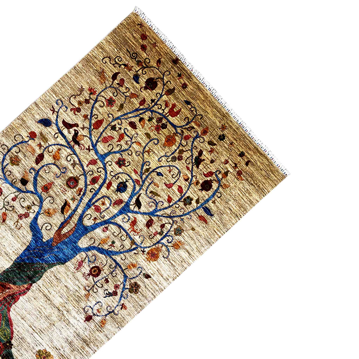 Rug corner with tree ornaments in blue and red, beige background, fringes