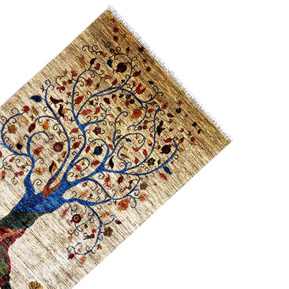 Rug corner with tree ornaments in blue and red, beige background, fringes