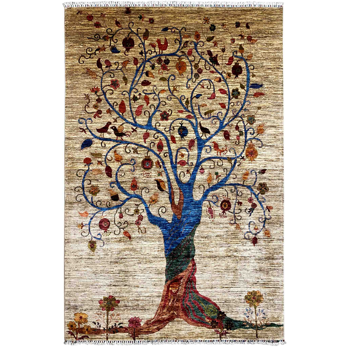 Rectangular rug with a tree motif in blue, red, and beige, with fringes