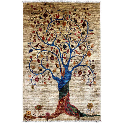 Rectangular rug with a tree motif in blue, red, and beige, with fringes