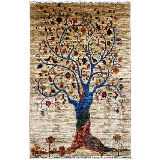 Rectangular rug with a tree motif in blue, red, and beige, with fringes