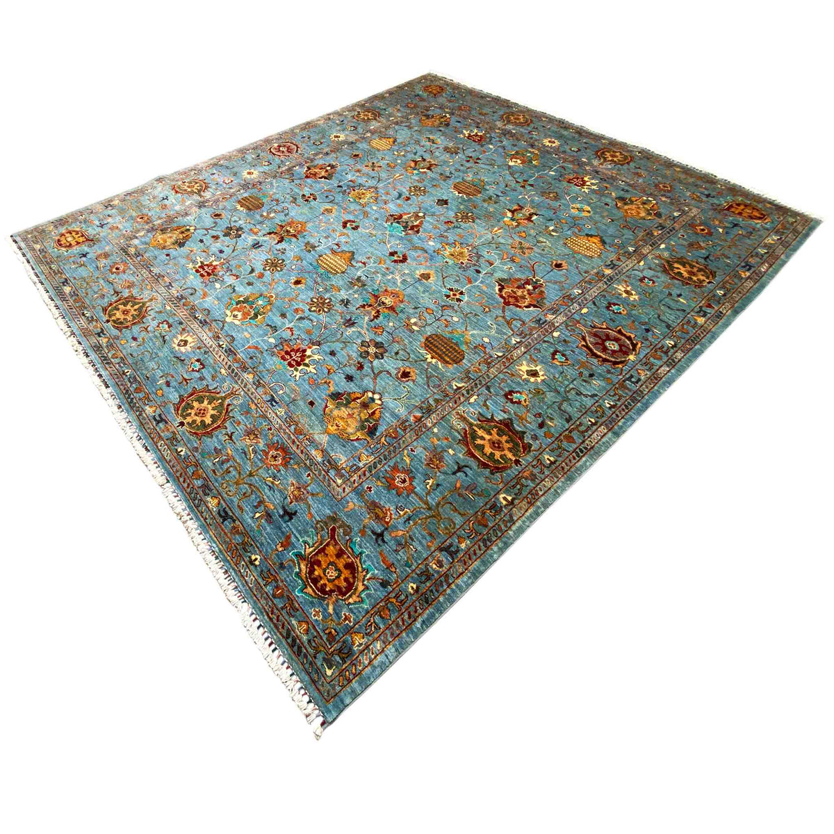 Blue Khorjin rug with detailed borders, floral ornaments, and pointed corners