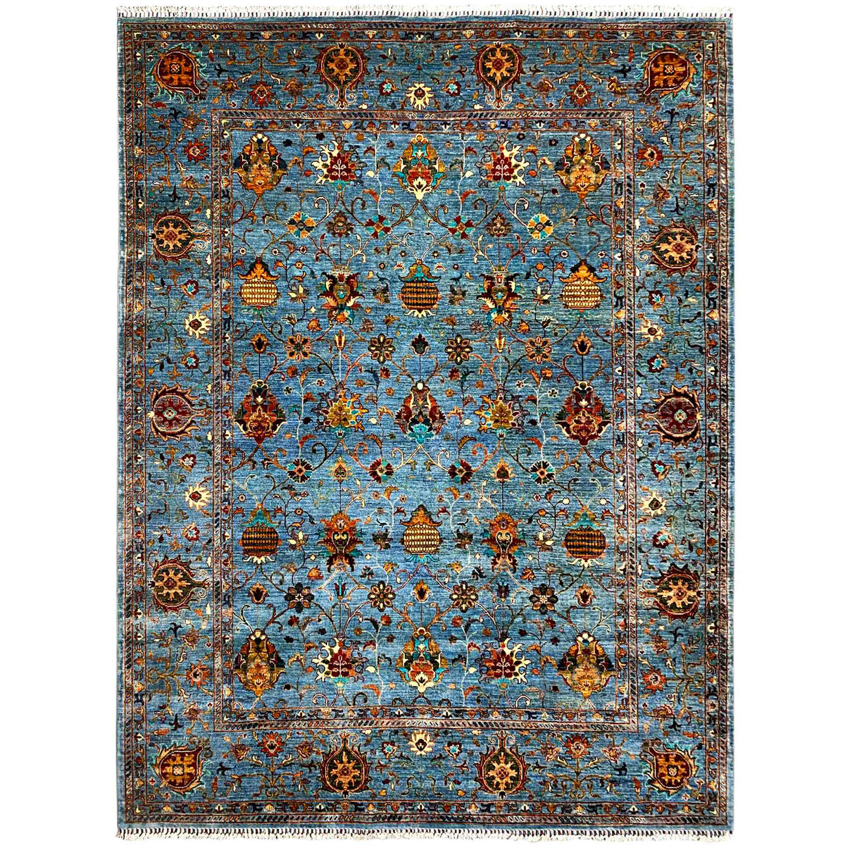 Blue Khorjin rug with ornamental medallions and a border framing pattern