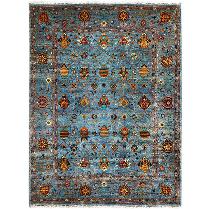 Blue Khorjin rug with ornamental medallions and a border framing pattern