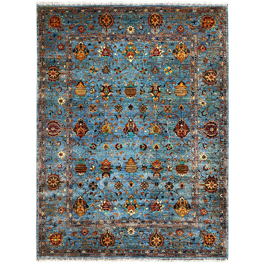 Blue Khorjin rug with ornamental medallions and a border framing pattern