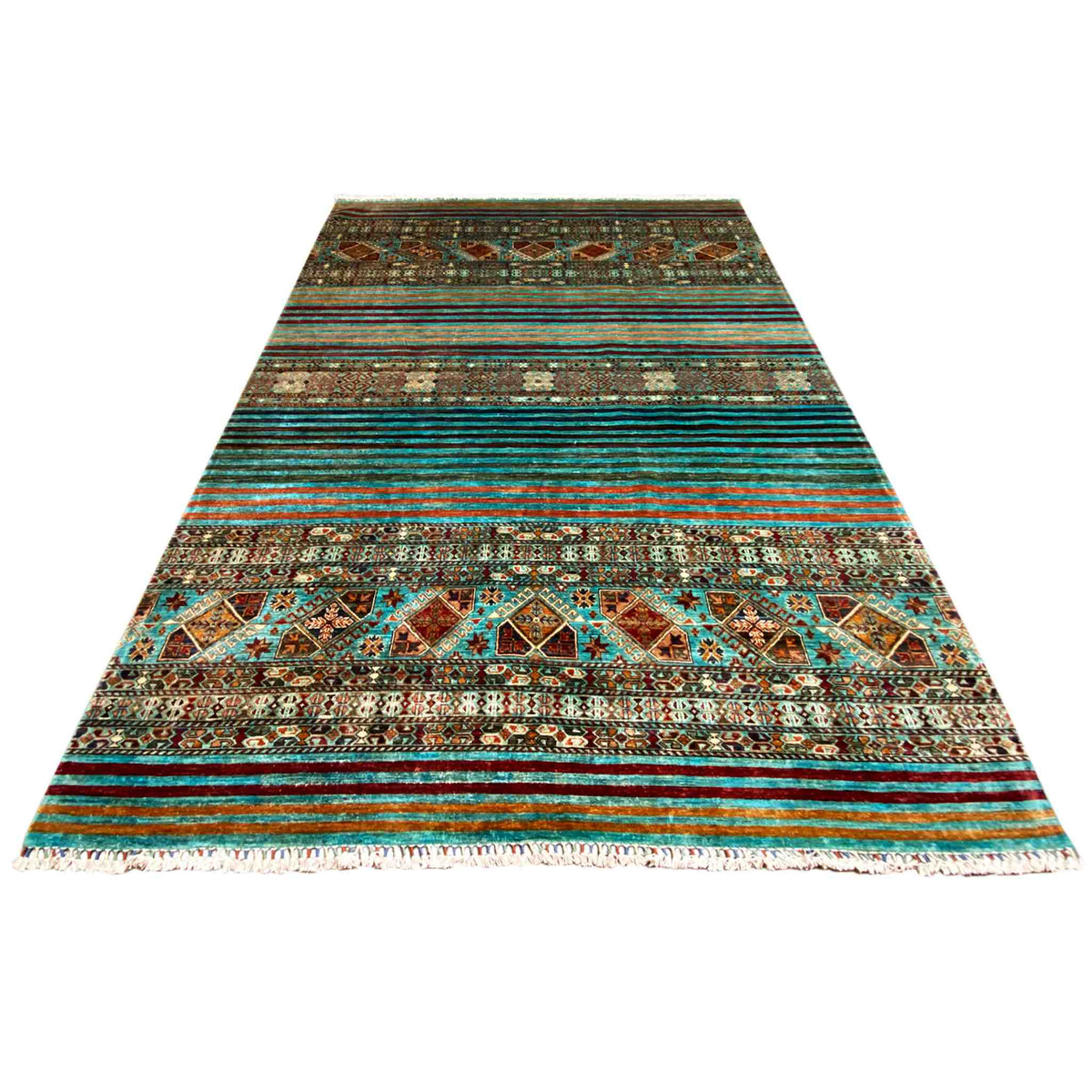 Rectangular rug with turquoise stripes and ornaments, visible fringes