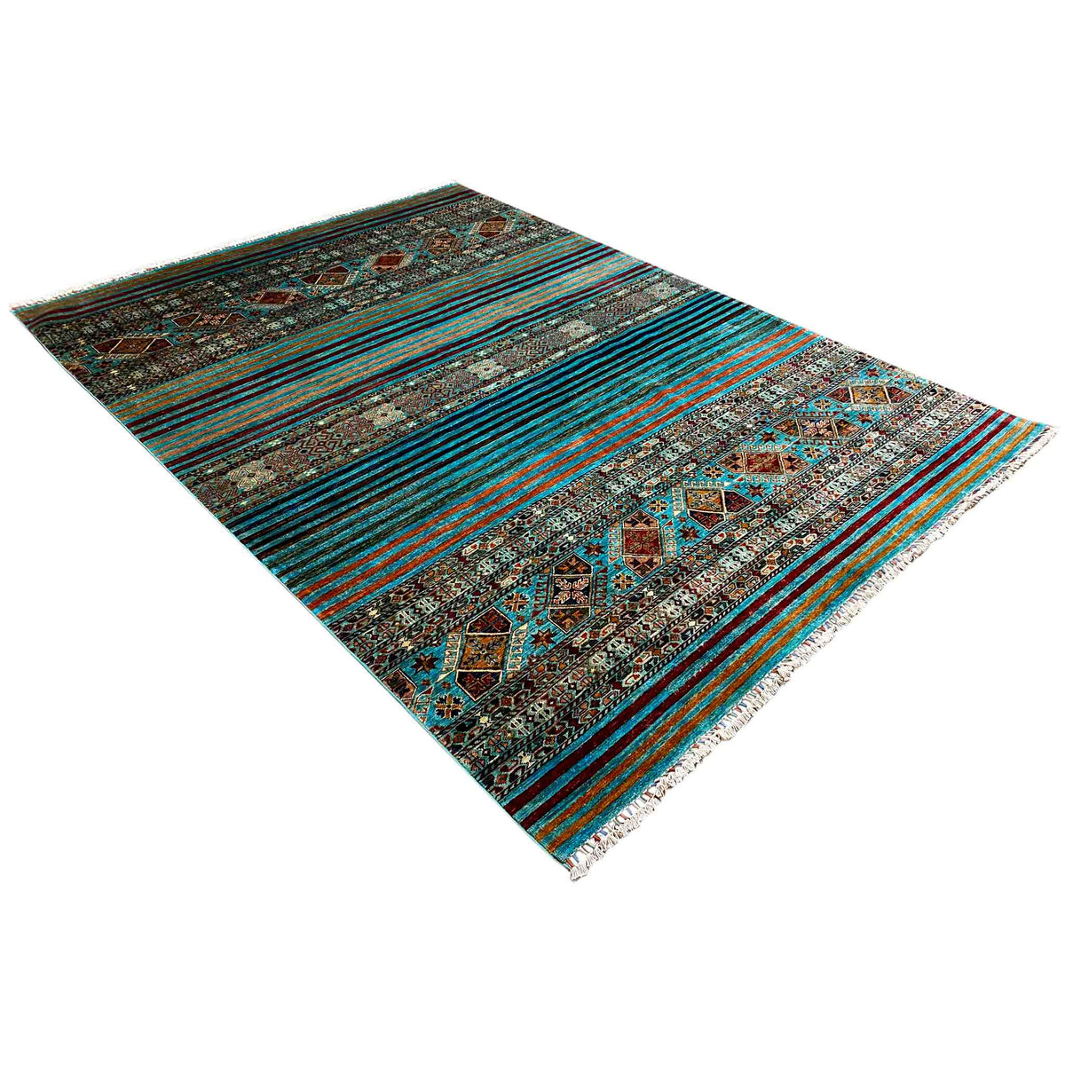 Rug in diagonal view: geometric ornaments, turquoise-blue stripes, fringe