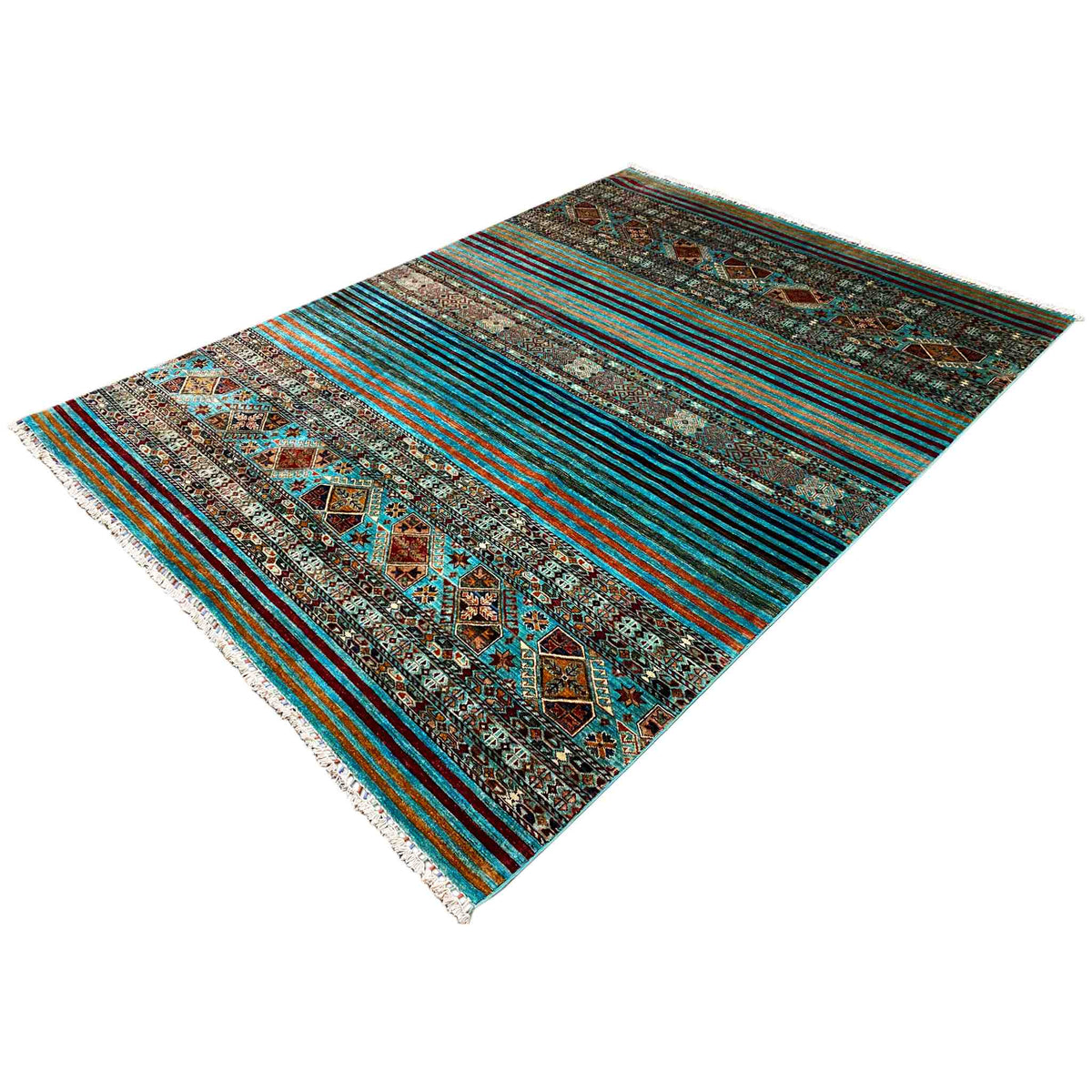 Carpet at an angle with wide stripes, central ornamental elements, and fringes