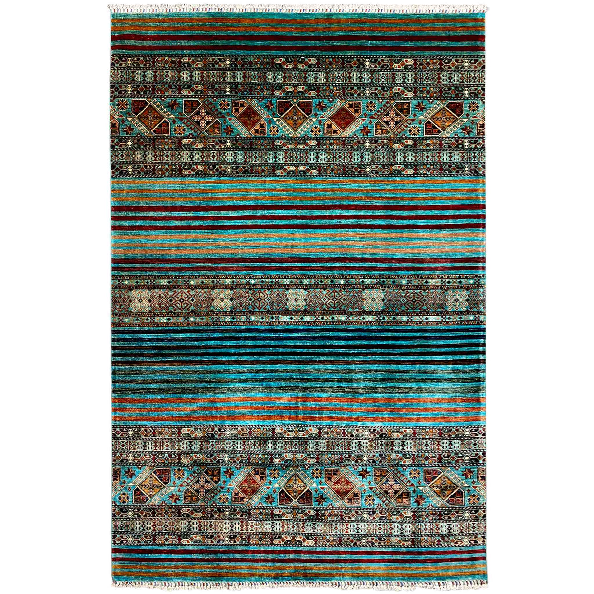 Rug with a multicolored striped and patterned design, fringes along the top edge