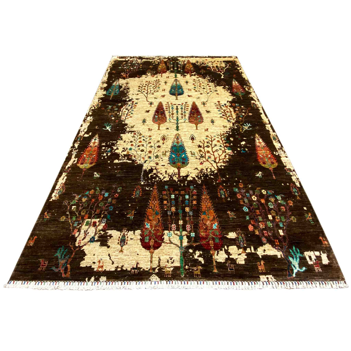Rug in three-quarter view: cream-colored, dark brown, colorful figures, and fringes