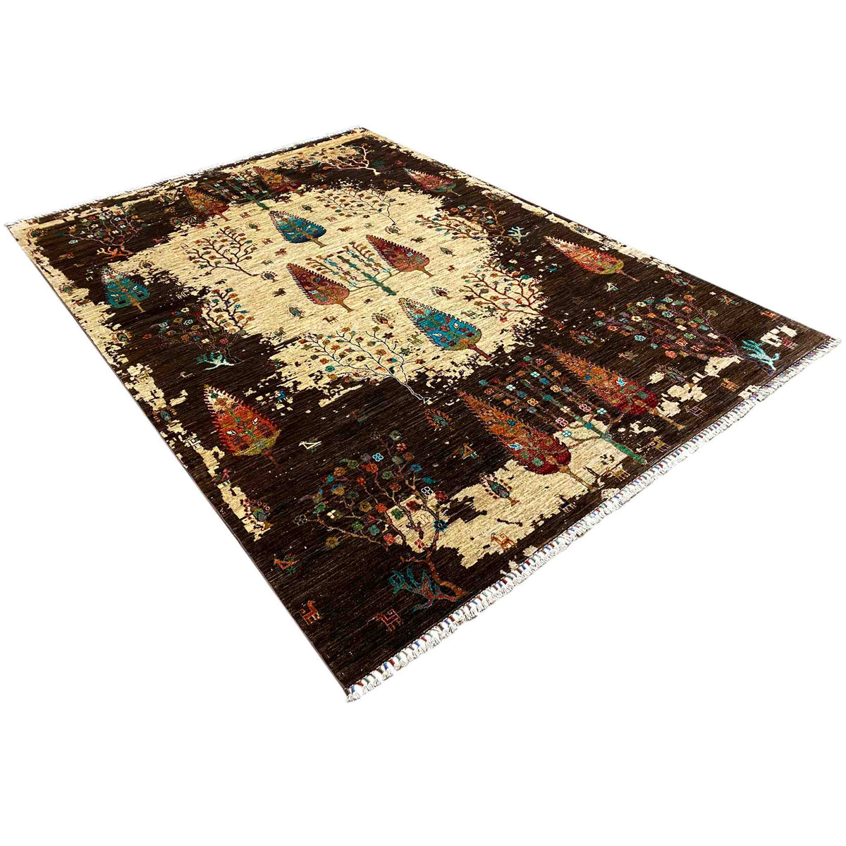 Rug from the perspective: cream-colored center with colorful figures, dark brown border