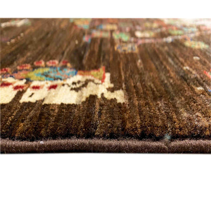 Carpet detail with short pile: dark brown surface, cream-colored patterns, and colored dots