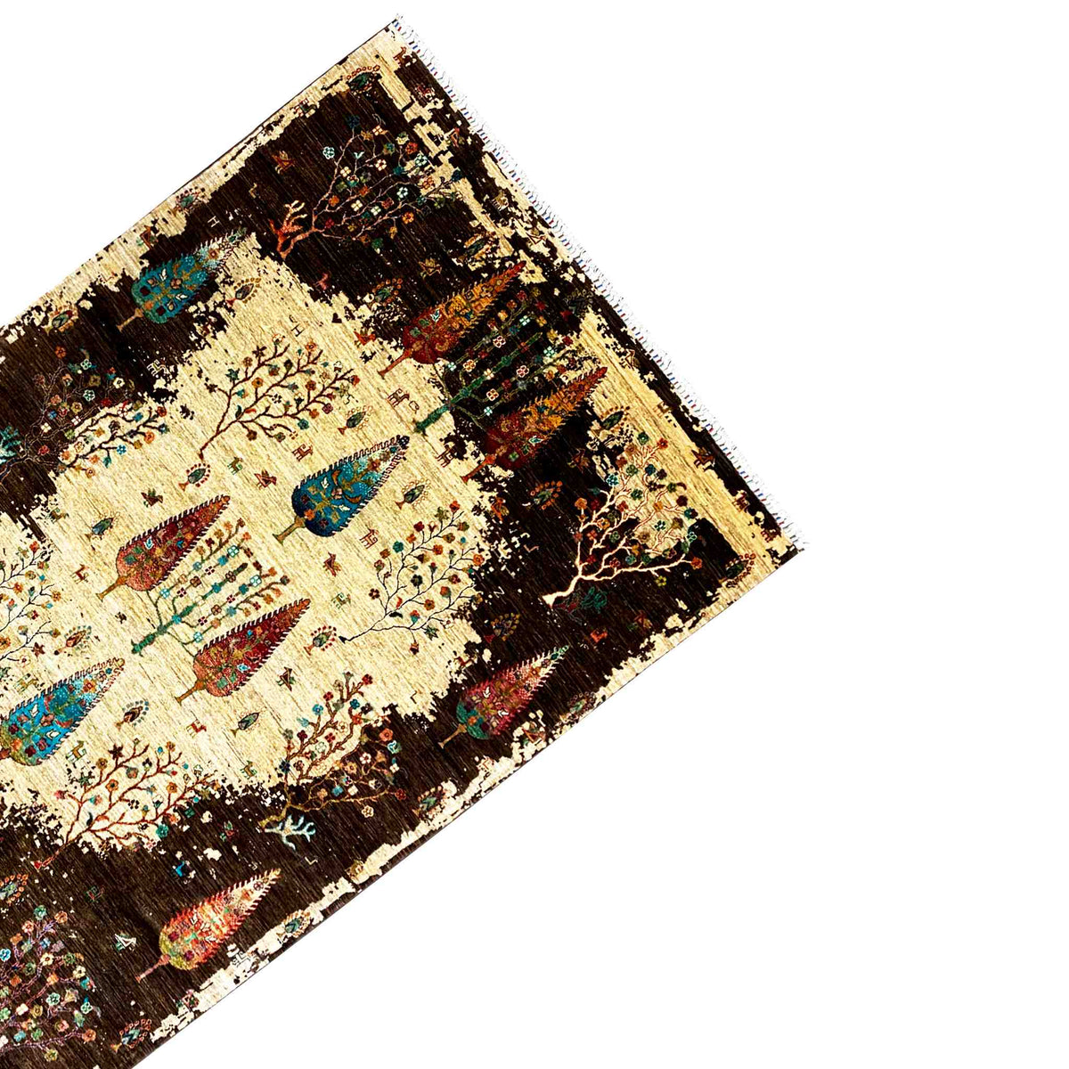 Rug corner at an angle: cream-colored center with colorful tree and animal motifs, dark brown