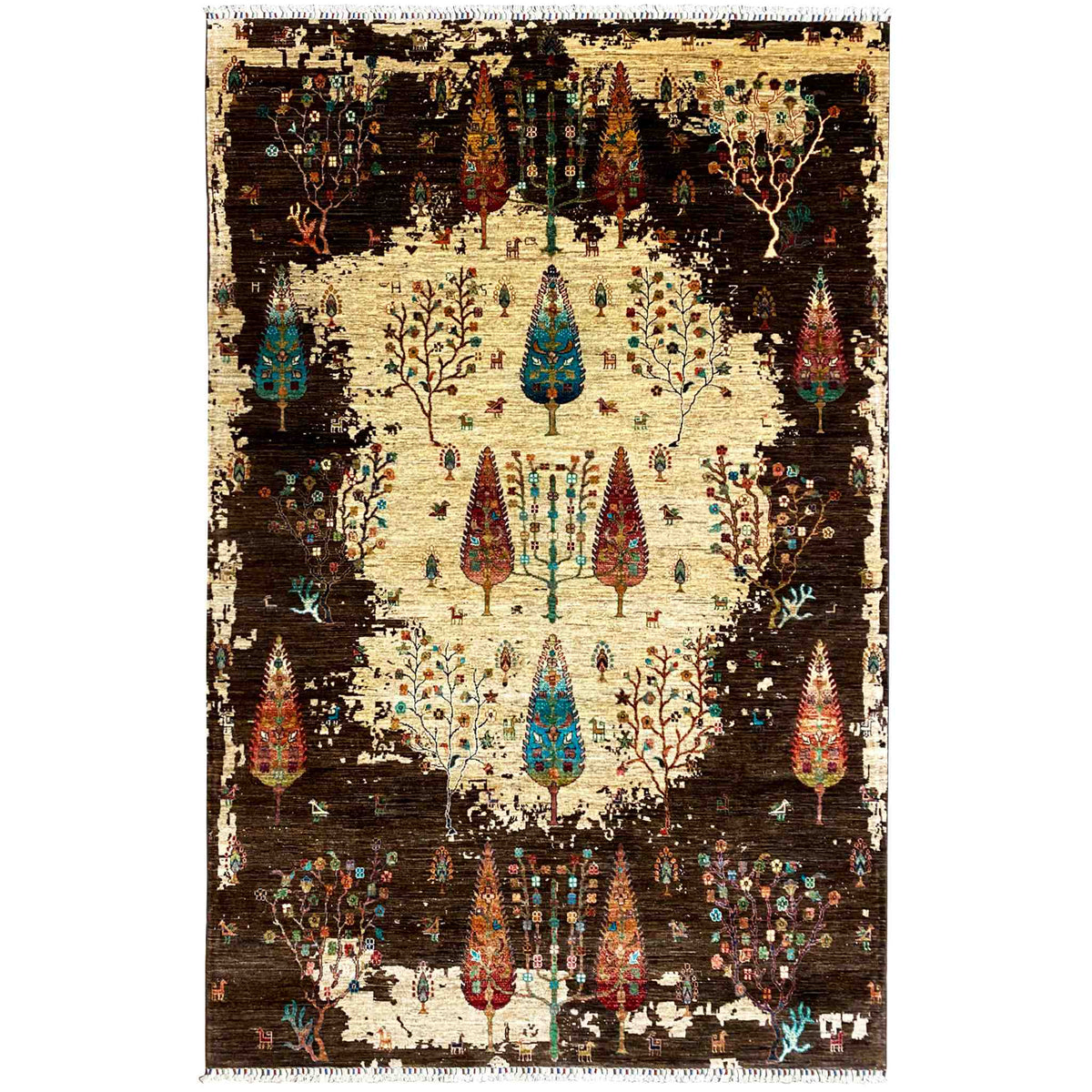Rug: cream, dark brown, with colorful tree motifs and fringes